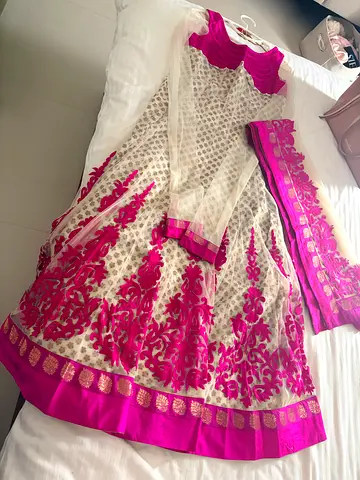 White and Magenta Embroidered Anarkali Dress with Matching Dupatta - Size M