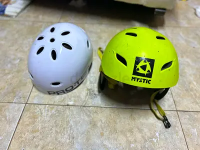 Two used sports helmets (yellow Mystic + white) - good condition