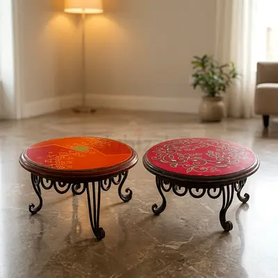 Pair of Low Round hand painted Decorative low stools