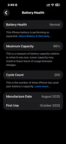 Apple iPhone 17 pro max 256gb TDRA 96% battery with box and cable.