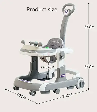 Adjustable Baby Walker with Push Handle and Activity Tray - Grey