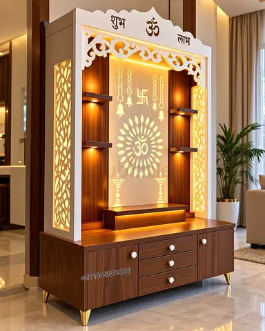 MDF Pooja Mandir with Storage Cabinet and LED Backlight