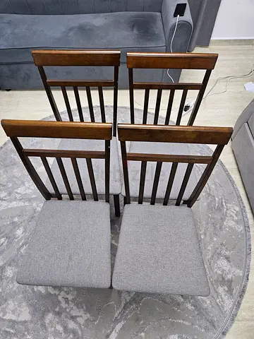 Set of 4 Wooden Dining Chairs - Dark Brown with grey seat, Good Used Condition