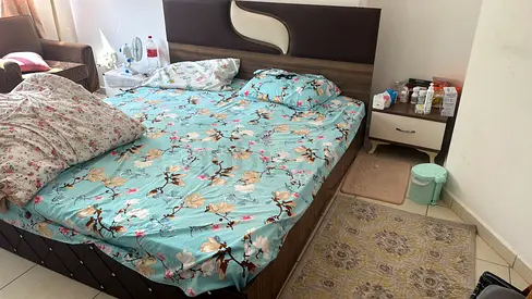 King size bed frame with headboard and bedside table - dressing table and cupboard good condition
