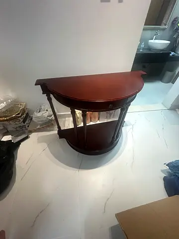 Solid Wood Half-Moon Side Table with Lower Shelf - Good Condition
