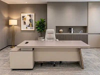 Modern executive office desk with storage L shaped beige/grey