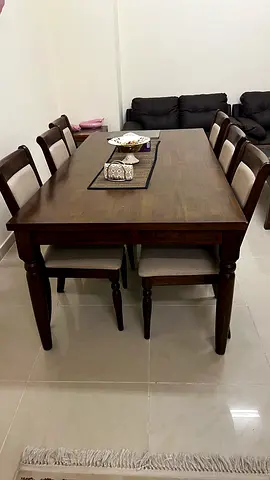 Solid Wood 6-Seater Dining Table with Cushioned Chairs - Dark Brown Dinning table