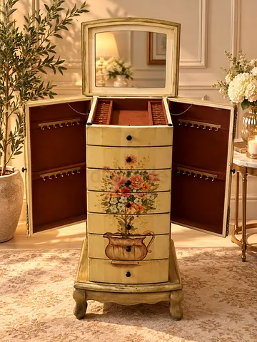 Hand-Painted Wooden Jewelry Armoire with Mirror