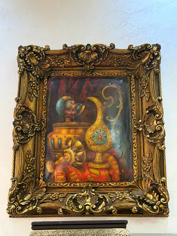 Ornate Framed Painting of Royal Helmet — Vintage Decorative Art
