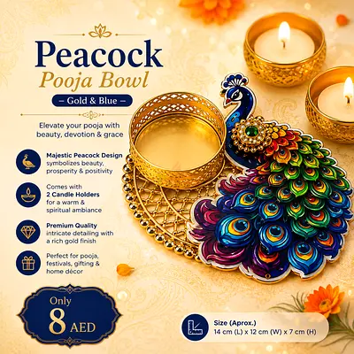 Peacock Pooja Bowl Set with Candle Holders — Gold & Blue