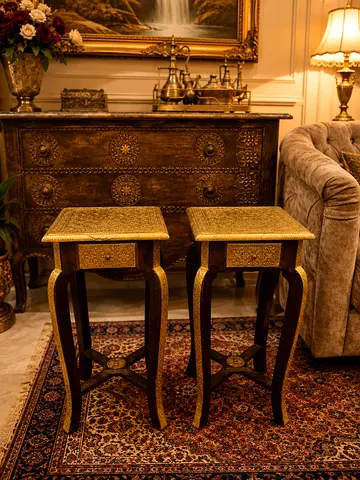 Pair of Ornate Brass-Inlaid Side Tables
