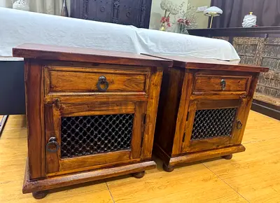 Pair of Solid Wood Bedside Cabinets with Metal Mesh Doors - Rustic Finish