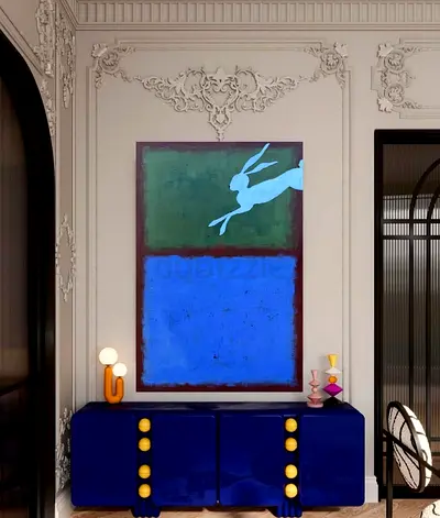 Original Modern Wall Art Painting with Rabbit Motif - Blue & Green Abstract