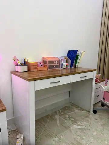 White and wood study desk with storage drawers - good condition H75cm, L120cm, W55cm.