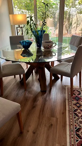 Solid Wood Root Base Glass Dining Table - 170cm Diameter