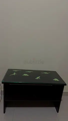 Small Black Coffee Table with Glass Top and Dinosaur Decals