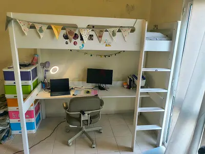 White wooden loft bunk bed with built-in desk, ladder,Office Chair,Colorful Drawers- good condition