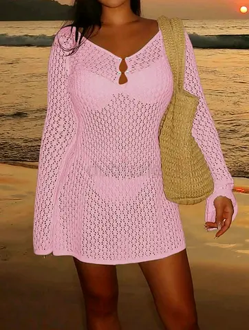 Pink Crochet Knit Long Sleeve Beach Cover Up Dress