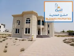 VIP villa in Al Rahmaniya, Sharjah—brand new (first occupant). Features a 30,000 sq. ft. plot, 5 m