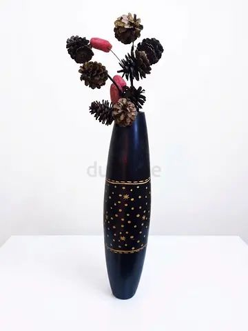 Tall Decorative Black Wooden Floor Vase with Pinecone Arrangement
