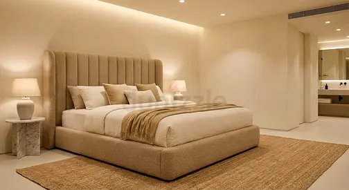 Modern upholstered king bed with padded headboard - beige