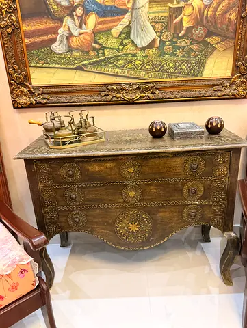 The one Ornate Brass-Accented Wooden Chest with Drawers - Classic Middle Eastern Style