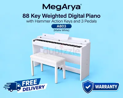 MegArya 88 Key Weighted Digital Piano with Hammer Action Keys and 3 Pedals A803 (Matte White)