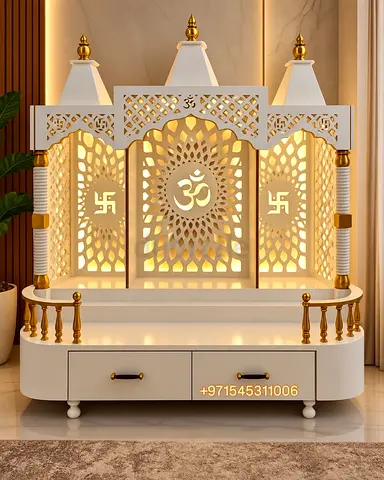 Pooja Mandir with Backlit Panels and Storage - White & Gold