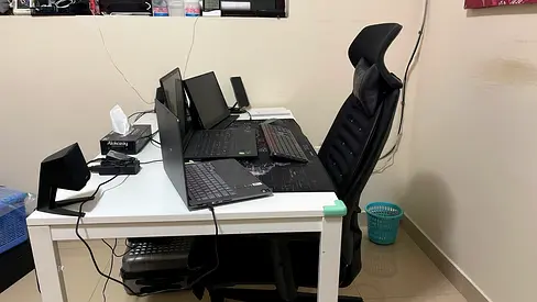White Office Desk with Ergonomic High-Back Chair and cable organizer - Good Condition