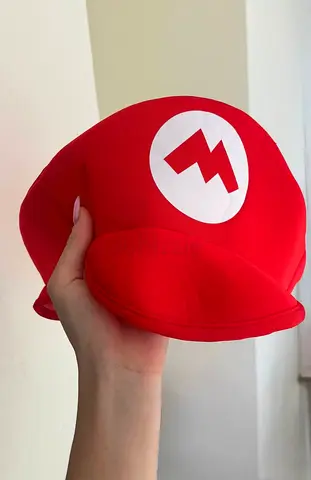 Red Mario-style Costume Hat with Logo for Birthday or Halloween