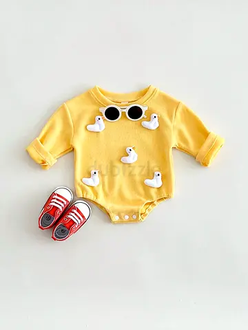 Yellow Long-Sleeve Baby Onesie with Duck Appliqués - Size Newborn/3-6M
