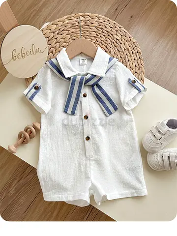 Baby Boy/Girl Casual Academy Resort Solid Color Short Sleeve Shirt, Striped Shawl Romper