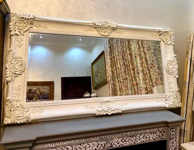 Large Ornate Vintage-Style Wall Mirror with Carved White Frame