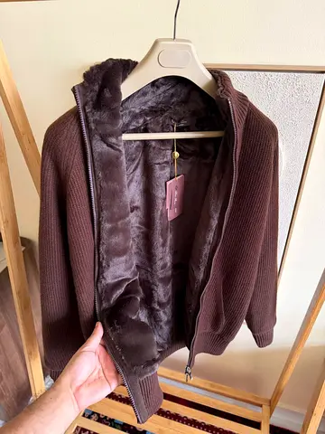 Loro Piana brown zip-up knitted jacket with faux-fur (SUPER MASTER QUALITY)