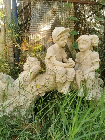 Outdoor Garden Statue - 2 Boys and Girl Sitting on Log (Concrete)