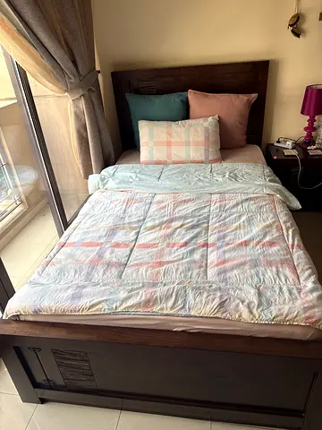Solid Wood Double Bed Frame with Headboard and Storage Footboard