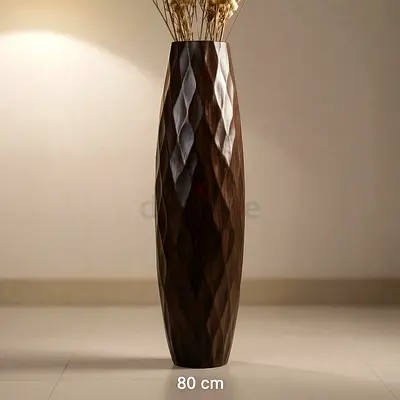 Tall decorative wooden floor vase - 80 cm, dark brown carved finish