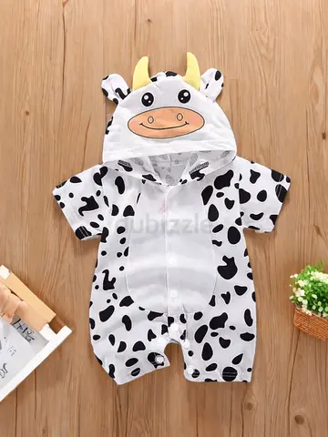 Baby cow-print hooded romper onesie - short sleeve, size newborn/0-6M