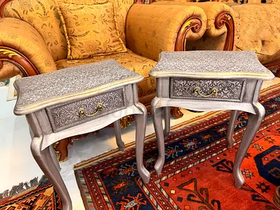 Pair of Vintage-Style Carved Wooden Side Tables with Drawer