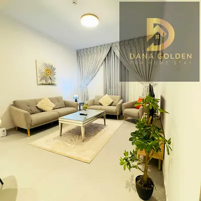 For monthly rent: a one-bedroom apartment with a living room, bathroom, gym, swimming pool, and parking in Aljada.