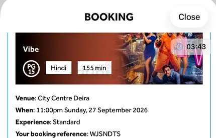 2 tickets for hindi movie "Vibe" 27th Sept at 11pm at City Centre Deira mall Vox Cinemas