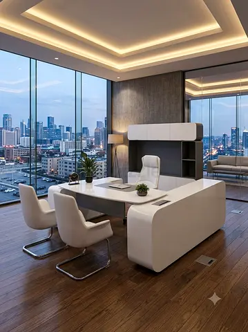 Modern Executive Office Desk with Matching Chairs and Storage - White