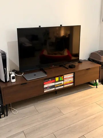 Modern dark walnut TV stand with 2 drawers and open shelf - excellent condition