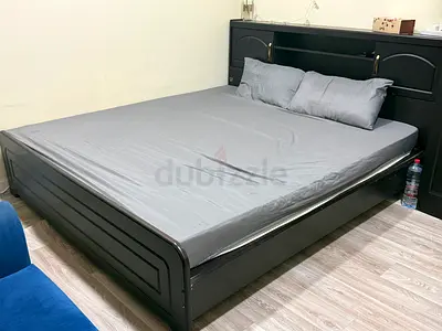 Queen size wooden bed frame with headboard and storage (dark brown)