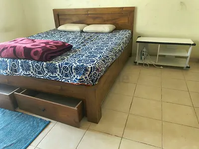 Solid Wood Queen Bed with Under-Bed Drawers, Mattress and Side Table - Good Condition