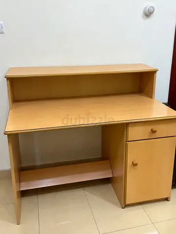 Light wood computer desk with shelf, drawer and cupboard - good condition