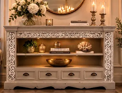 Carved Wooden Console / TV Unit with Drawers - Distressed Grey