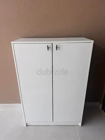 2 x White Tall Storage Cabinet s with Double Doors - Good Condition