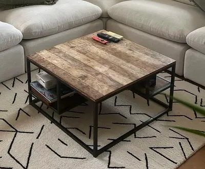Solid Wood Top Square Coffee Table with Metal Frame and Shelves