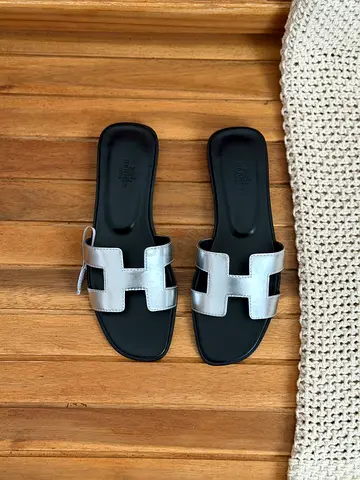 Silver H-style Women's Slide Sandals - Size Info in Photos